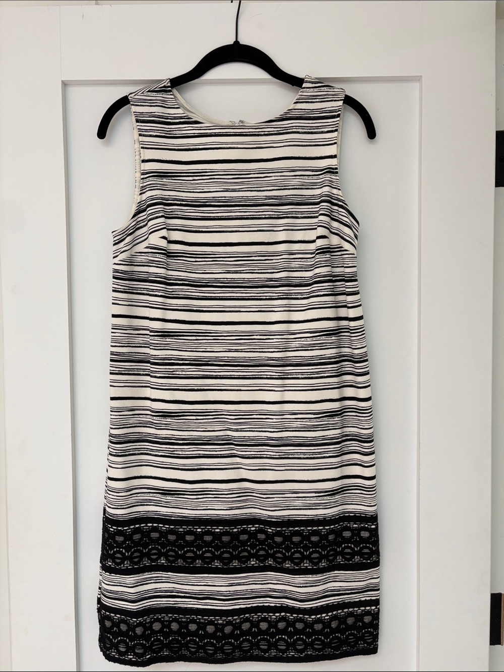 Black and White Striped Sleeveless Dress with Lace Trim